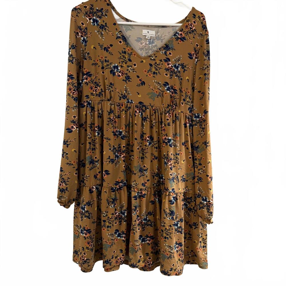 TRUE CRAFT Baby Doll Brown Floral Long Sleeve Tiered‎ Dress SZ S CottageCore